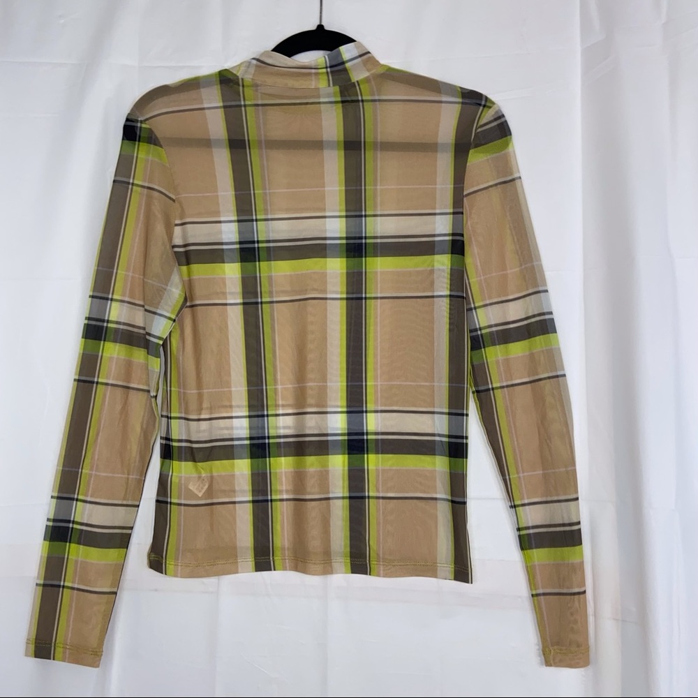River Island Ultra Sheer Plaid Green Black Nude High Neck Long Sleeve Top - Picture 4 of 6